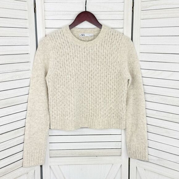Zara Pearl Embellished Wool Blend Pullover Crop Sweater Beige Large - Picture 9 of 14